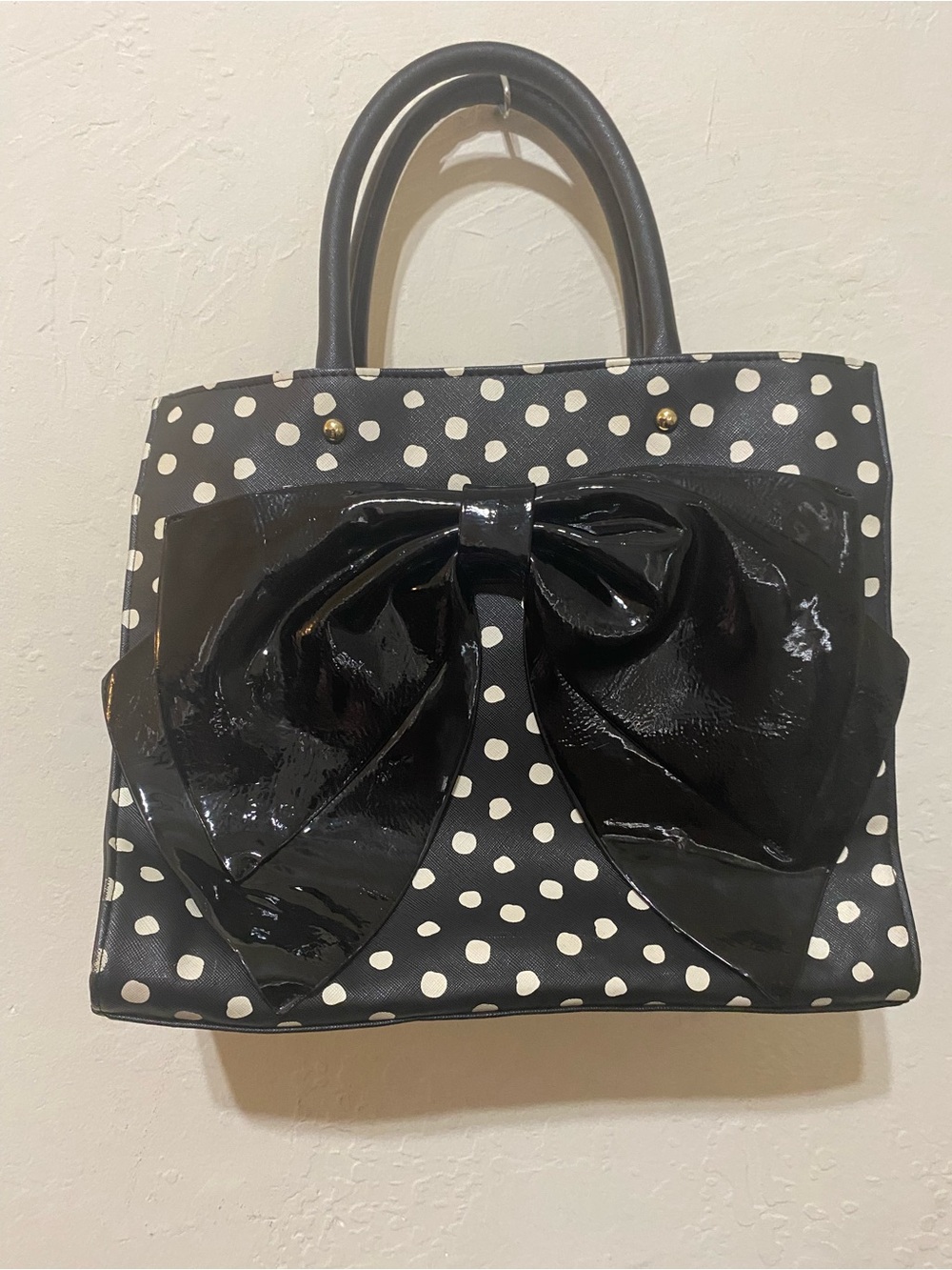 Betsey Johnson Polka Dot Bow Satchel Black White Retro Y2K Style Purse